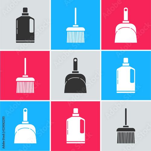 Set Plastic bottles for liquid dishwashing liquid, Handle broom and Dustpan icon. Vector
