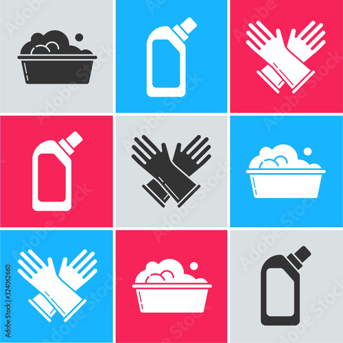 Set Plastic basin with soap suds , Plastic bottles for liquid dishwashing liquid and Rubber gloves icon. Vector