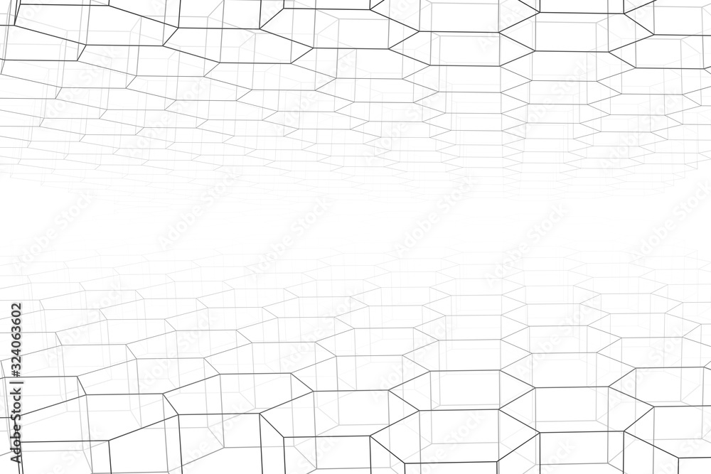 Perspective grid hexagonal surface.Linear 3d illustration.