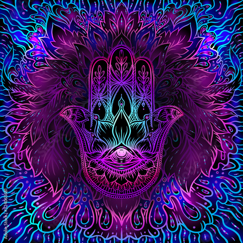 Seamless pattern with ornate hand drawn hamsa. Popular Arabic and Jewish amulet. Vector illustration. Vector illustration in neon, fluorescent colors.