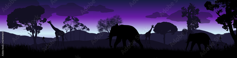 Wild african animals silhouettes in savanna landscape