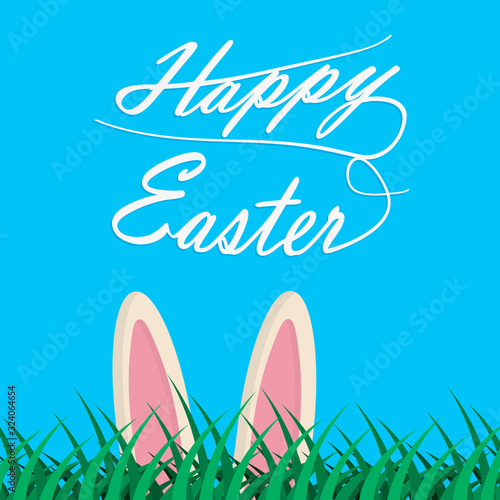 Easter background with bunny ears hiding in a grassy landscape. Easter bunny vektor photo