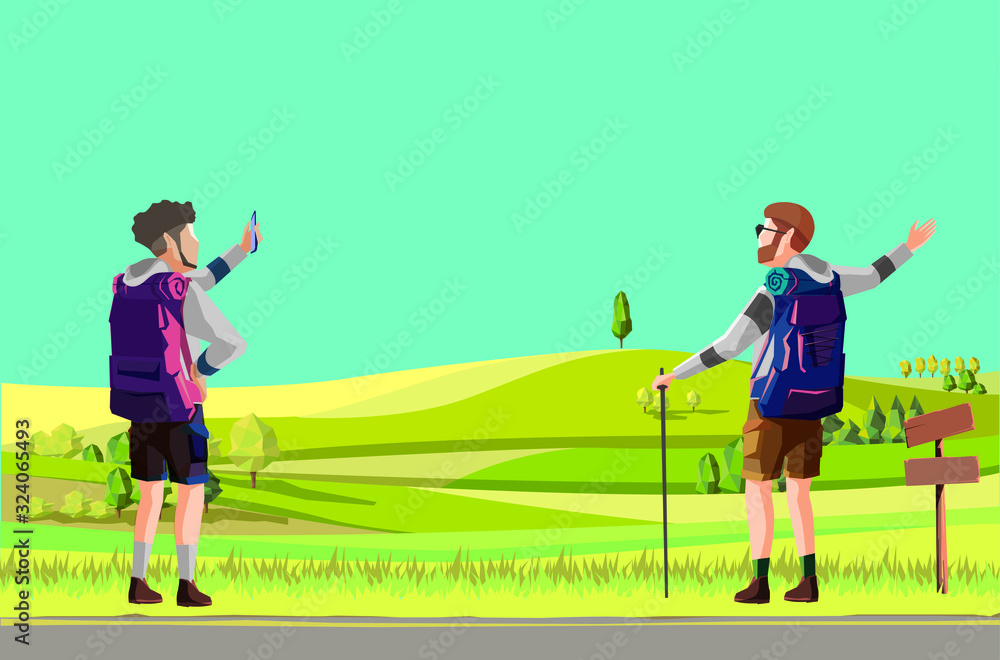 an illustration of the hikers. landscape with a green hill background.