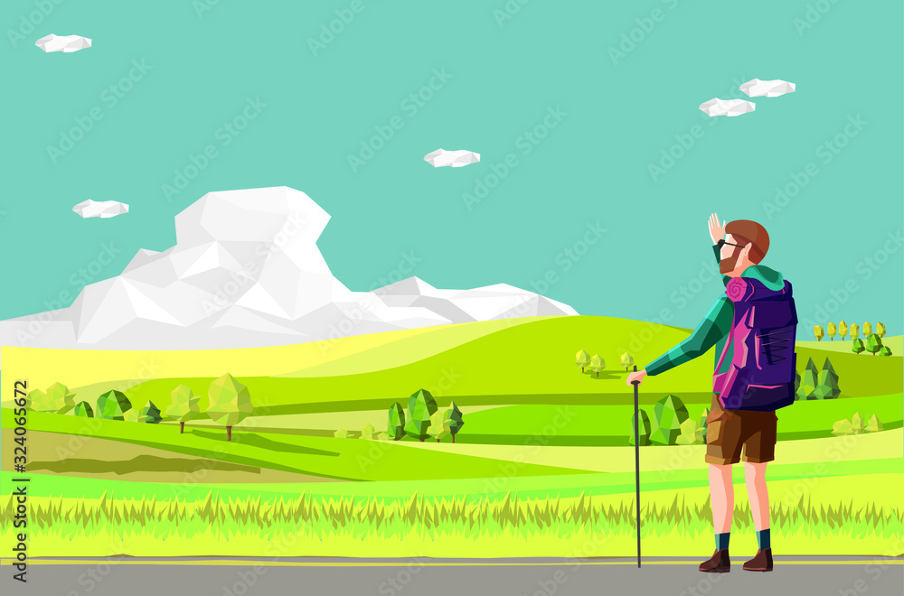 an illustration of the hikers. landscape with a green hill background. an illustration of the hikers. landscape with a green hill background.