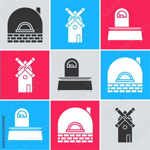Set Brick stove , Windmill and Scales icon. Vector