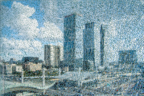 View of Tel Aviv through cracked glass