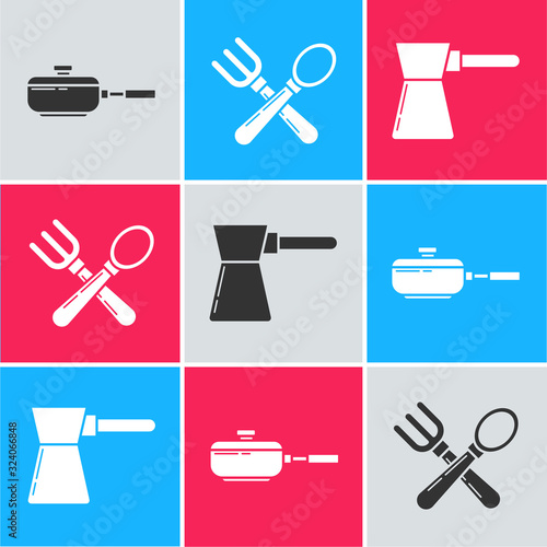 Set Frying pan , Crossed fork and spoon and Coffee turk icon. Vector