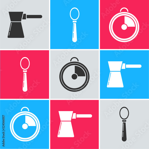 Set Coffee turk , Spoon and Kitchen timer icon. Vector