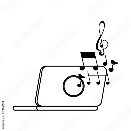 laptop computer with music notes