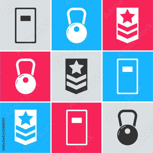 Set Police assault shield , Kettlebell and Chevron icon. Vector