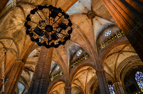 Low angle interior view of vaulting, Cathedral of the Holy Cross and Saint Eulalia, Barcelona, Catalonia, Spain.,Barcelona photo