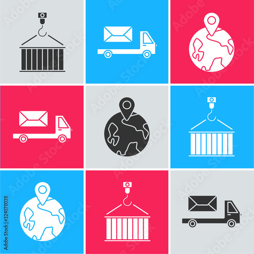 Set Container on crane, Post truck and Worldwide icon. Vector