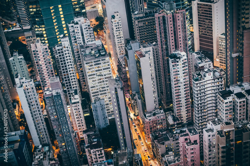 High angle view over dense cityscape with tall skyscrapers.,Hong Kong photo
