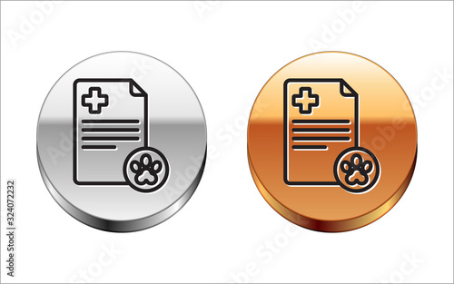 Black line Clipboard with medical clinical record pet icon isolated on white background. Health insurance form. Medical check marks report. Silver-gold circle button. Vector Illustration