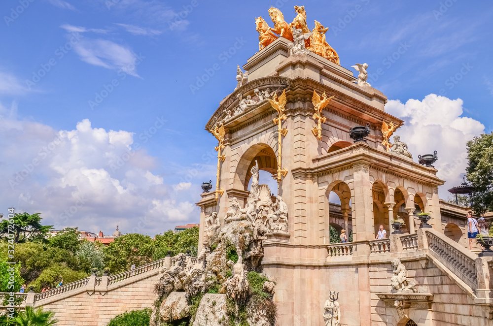 The Cascada - cascade waterfall with many clulptures is located in the Parc de la Ciutadella (Citadel Park) in Barcelona, Spain
