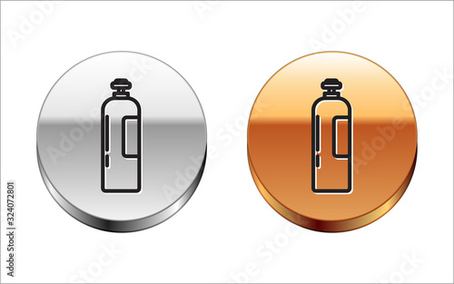 Black line Industrial gas cylinder tank for all inert and mixed inert gases icon isolated on white background. Silver-gold circle button. Vector Illustration