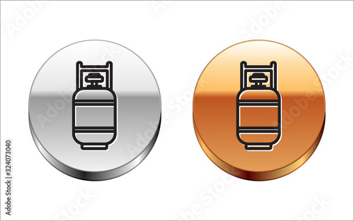 Black line Propane gas tank icon isolated on white background. Flammable gas tank icon. Silver-gold circle button. Vector Illustration