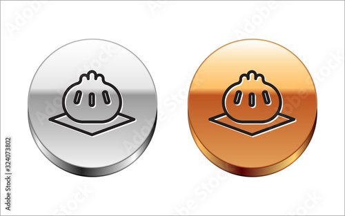 Black line Khinkali on cutting board icon isolated on white background. Traditional georgian dumpling. Silver-gold circle button. Vector Illustration