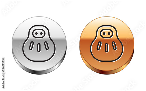 Black line Maneki neko cat icon isolated on white background. Japan lucky charm. Silver-gold circle button. Vector Illustration