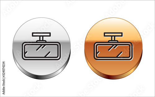 Black line Car mirror icon isolated on white background. Silver-gold circle button. Vector Illustration