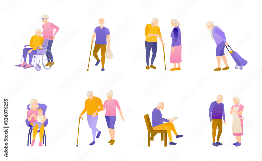 Retirees way of life, flat vector illustration set. Old men and women in a nursing home. Grey-haired people aged after retirement. Granny and grandpas on a white background to cut out.