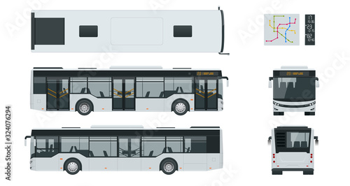 Passenger City Bus for branding identity and advertising design on transport. Blank City Bus side view, front, rear and from above. Blank City Bus template isolated on white background.