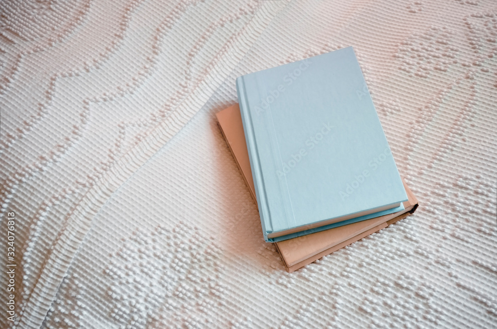 Fototapeta premium Two Plain Hardcover Books Stacked on a Bed