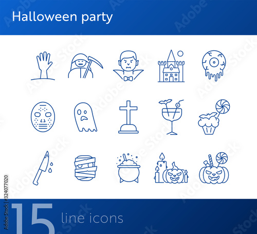 Halloween party line icons. Pot with poison, ghost, creepy cocktail. Halloween concept. Vector illustration can be used for topics like holiday, festivals, celebration