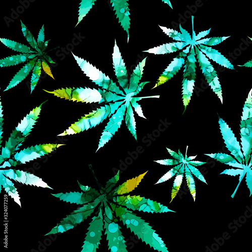 Cannabis or marijuana leaf multi-colored Seamless background , mixed media. mixed media. Vector illustration