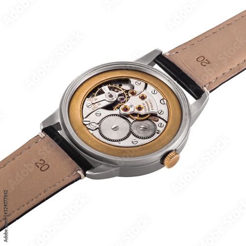 Wrist watch on a white background back side open mechanism
