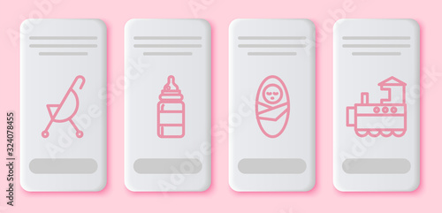 Set line Baby stroller, Baby bottle, Newborn baby infant swaddled and Toy train. White rectangle button. Vector