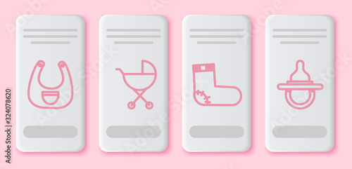 Set line Baby bib, Baby stroller, Baby socks clothes and Baby dummy pacifier. White rectangle button. Vector