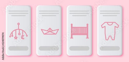 Set line Baby crib hanging toys, Folded paper boat, Baby crib cradle bed and Baby clothes. White rectangle button. Vector
