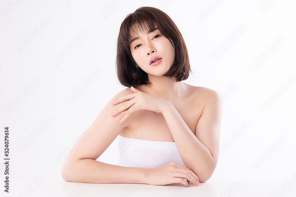 Portrait beautiful young asian woman clean fresh bare skin concept. Asian girl beauty face skincare and health wellness, Facial treatment, Perfect skin, Natural makeup, on white background,two Portrait beautiful young asian woman clean fresh bare skin concept. Asian girl beauty face skincare and health wellness, Facial treatment, Perfect skin, Natural makeup, on white background,two