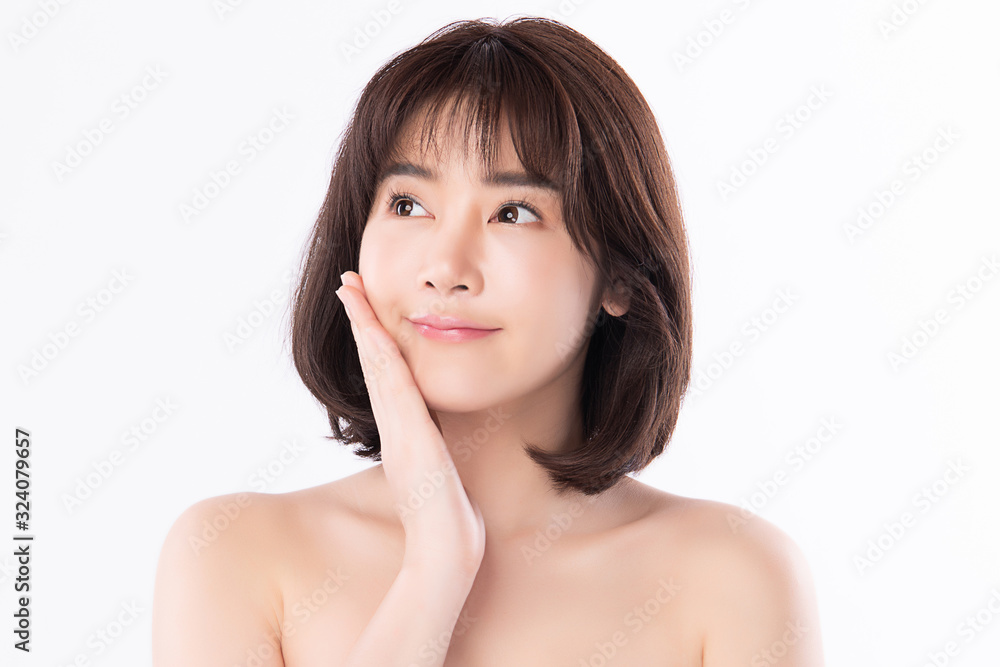 Portrait beautiful young asian woman clean fresh bare skin concept. Asian girl beauty face skincare and health wellness, Facial treatment, Perfect skin, Natural makeup, on white background,two Portrait beautiful young asian woman clean fresh bare skin concept. Asian girl beauty face skincare and health wellness, Facial treatment, Perfect skin, Natural makeup, on white background,two