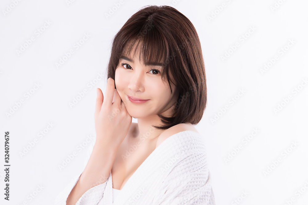 Portrait beautiful young asian woman clean fresh bare skin concept. Asian girl beauty face skincare and health wellness, Facial treatment, Perfect skin, Natural makeup, on white background,two Portrait beautiful young asian woman clean fresh bare skin concept. Asian girl beauty face skincare and health wellness, Facial treatment, Perfect skin, Natural makeup, on white background,two