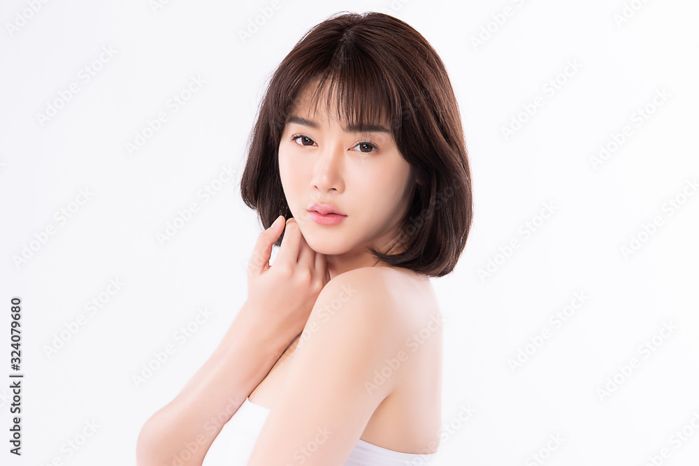 Portrait beautiful young asian woman clean fresh bare skin concept. Asian girl beauty face skincare and health wellness, Facial treatment, Perfect skin, Natural makeup, on white background,two Portrait beautiful young asian woman clean fresh bare skin concept. Asian girl beauty face skincare and health wellness, Facial treatment, Perfect skin, Natural makeup, on white background,two