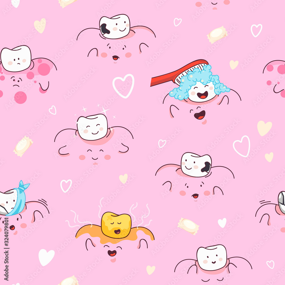 Teeth seamless pattern with gums, candy elements. Dental cute pattern.