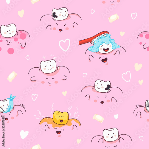 Teeth seamless pattern with gums, candy elements. Dental cute pattern.