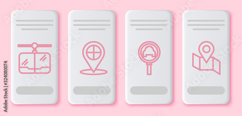 Set line Cable car, Map pointer with taxi, Magnifying glass and taxi car and Folded map with location marker. White rectangle button. Vector