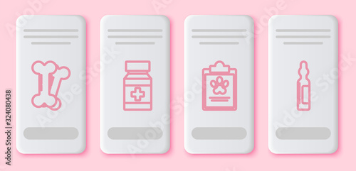 Set line Dog bone, Dog medicine bottle and pills, Clipboard with medical clinical record pet and Pets vial medical. White rectangle button. Vector