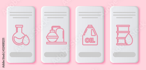 Set line Oil petrol test tube, Oil and gas industrial factory building, Canister for motor machine oil and Barrel oil. White rectangle button. Vector