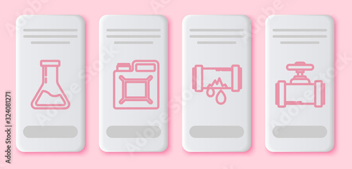 Set line Test tube and flask, Canister for gasoline, Broken metal pipe with leaking water and Industry metallic pipes and valve. White rectangle button. Vector
