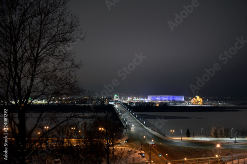 View of the stadium and the beautiful Orthodox Church. Nizhny Novgorod. Russia photo