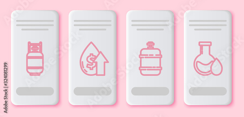 Set line Propane gas tank, Oil price increase, Propane gas tank and Oil petrol test tube. White rectangle button. Vector