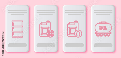 Set line Barrel oil, Antifreeze canister, Canister for motor machine oil and Oil railway cistern. White rectangle button. Vector