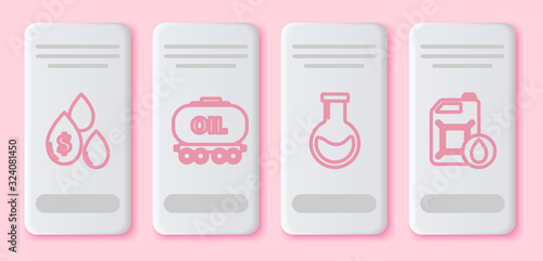 Set line Oil drop with dollar symbol, Oil railway cistern, Test tube and flask and Canister for motor machine oil. White rectangle button. Vector