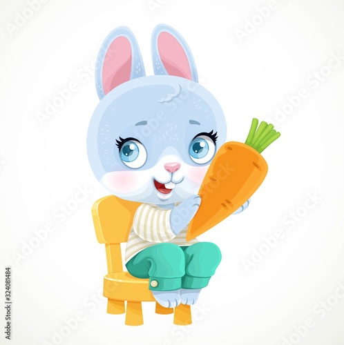 Cute little bunny sitting on a chair and holding carrot in paws isolated on white background.