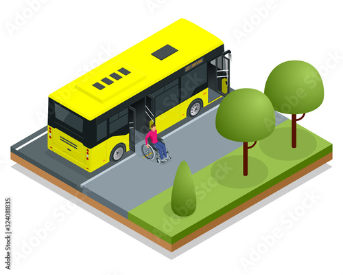 Isometric yellow City Bus at a bus stop. Man in a wheelchair leaves the bus. Access ramp for disabled persons and babies in a bus. Driver helping Man enter into the transport via wheelchair ramp.
