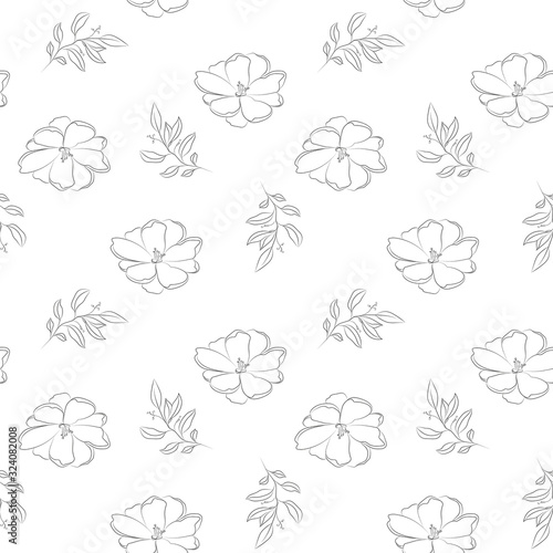 Graphic hand drawn seamless pattern. leaves and flowers on white background. Perfect for scrapbooking, textile design, fabric, wallpaper, wrapping paper.